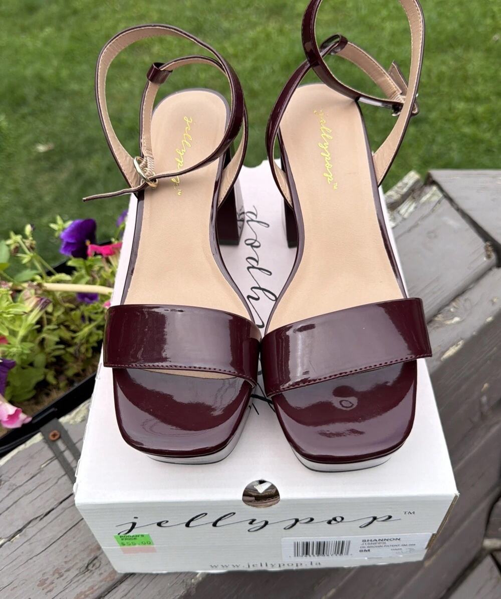 90s Jellypop Shannon Sz 8 Brown Patent Block Heel Strappy Ankle Strap Sandals